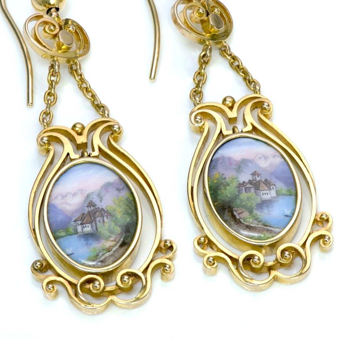 Antique Swiss Enamel Yellow Gold Earrings