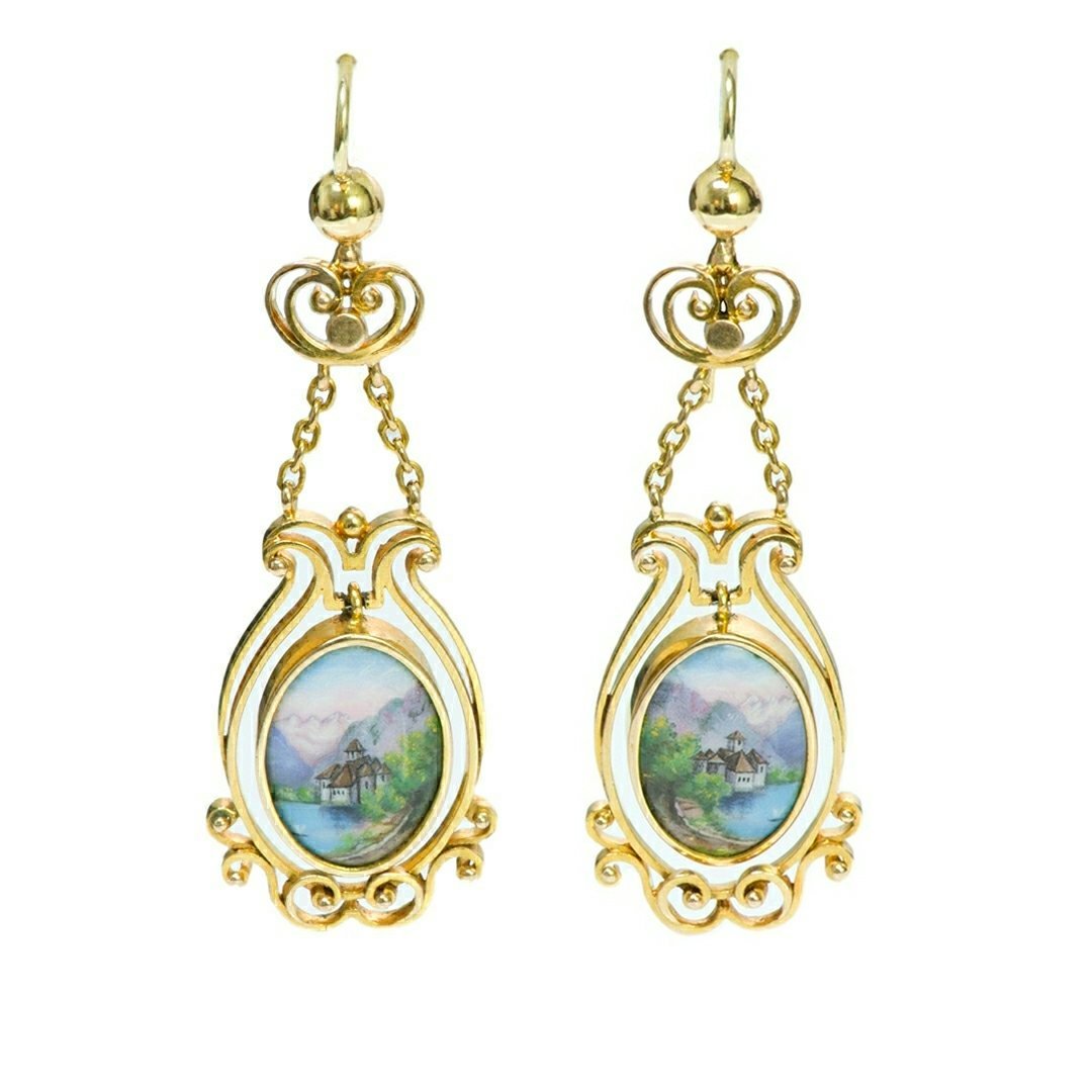 Antique Swiss Enamel Yellow Gold Earrings