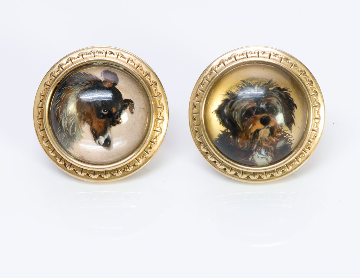 Antique Tiffany Reverse Crystal 18K Gold Dog Cuff Buttons