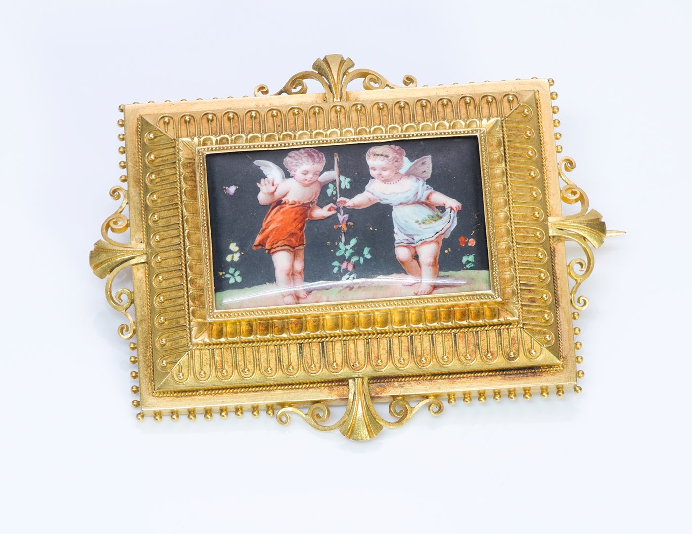 Antique Victorian Cherubs Angels 18K Yellow Gold Brooch