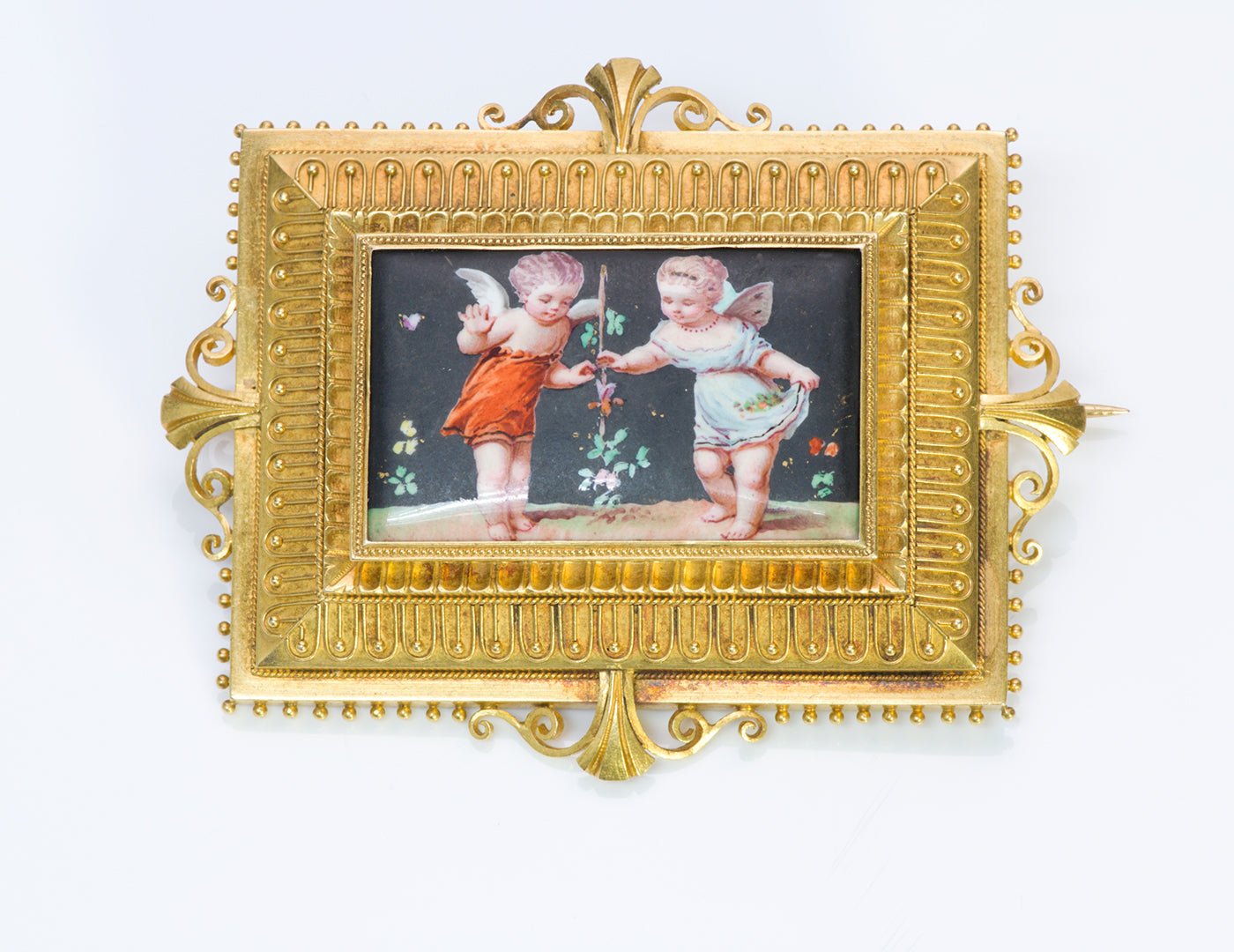 Antique Victorian Cherubs Angels 18K Yellow Gold Brooch