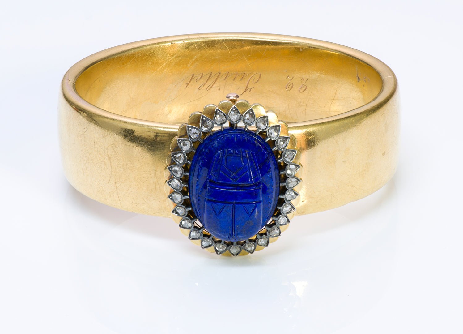 Antique Victorian Egyptian Revival Lapis Scarab Diamond Gold Bangle Bracelet