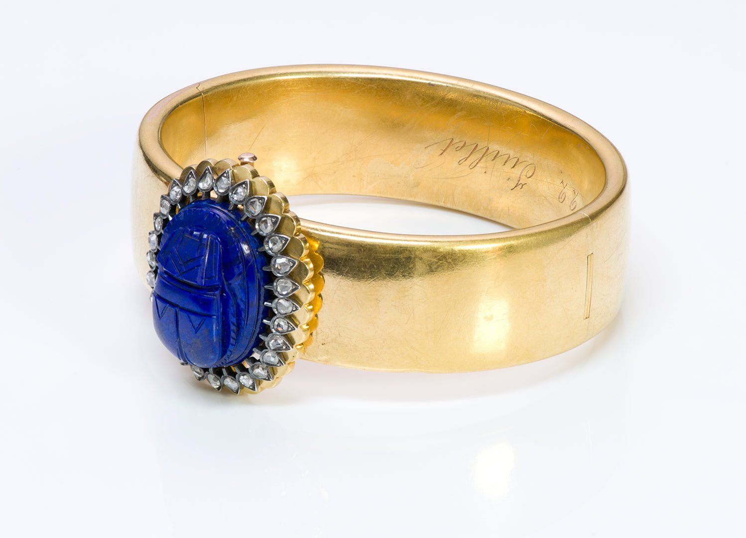 Antique Victorian Egyptian Revival Lapis Scarab Diamond Gold Bangle Bracelet
