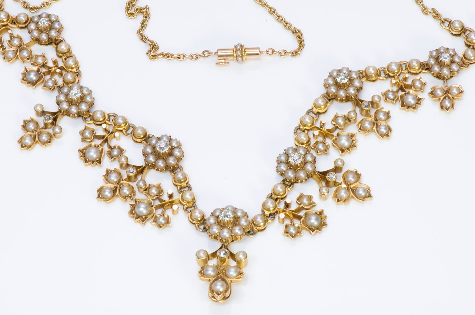 Antique Victorian Gold Diamond and Pearl Necklace