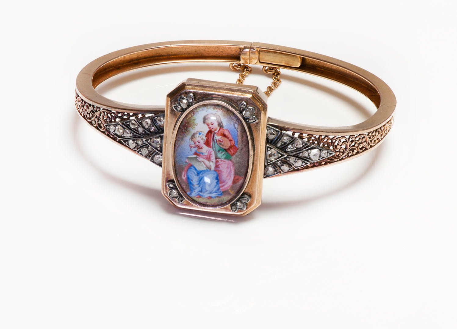 Antique Victorian Gold Diamond Enamel Locket Bangle Bracelet