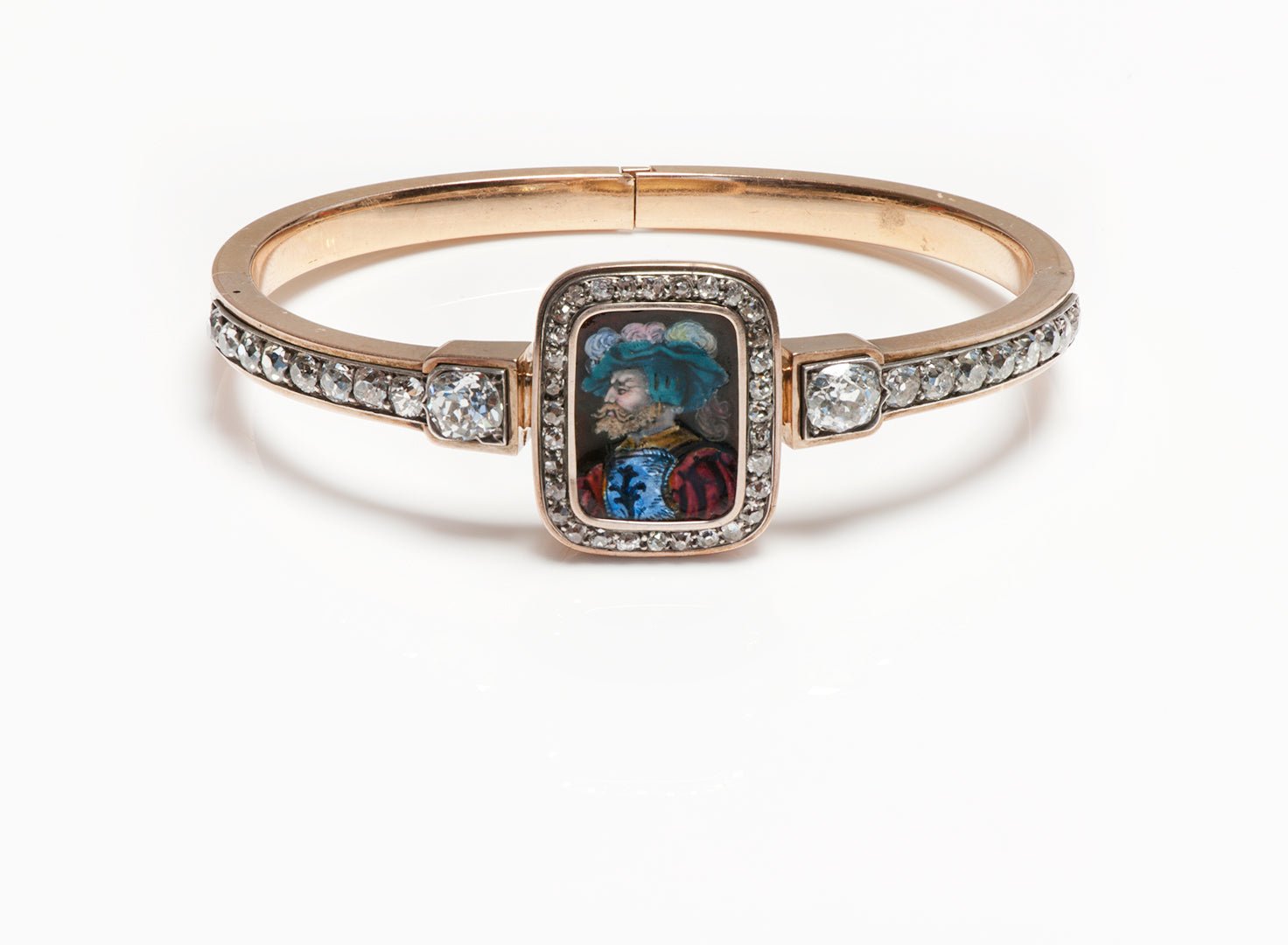 Antique Victorian Gold Enamel Portrait Diamond Bangle Bracelet