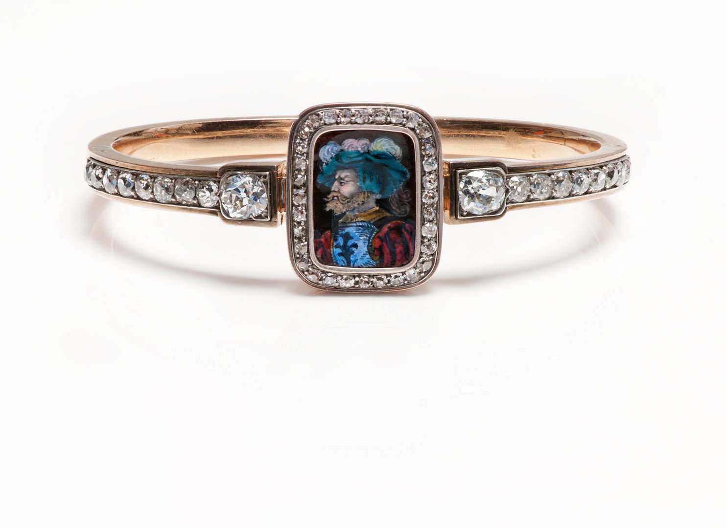 Antique Victorian Gold Enamel Portrait Diamond Bangle Bracelet