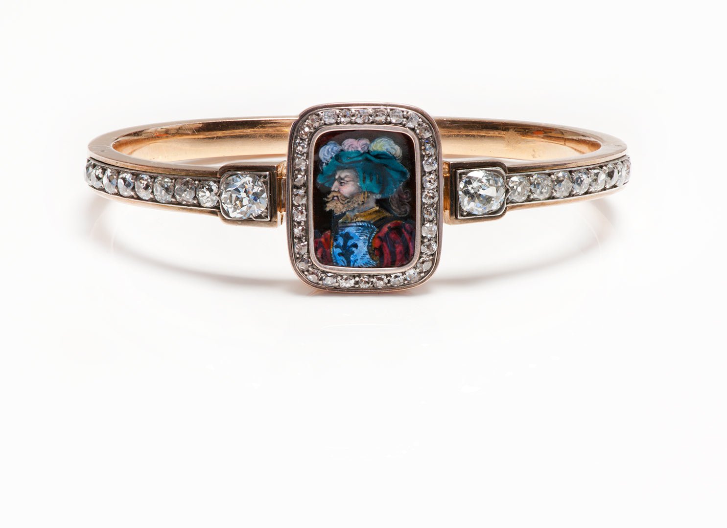 Antique Victorian Gold Enamel Portrait Diamond Bangle Bracelet