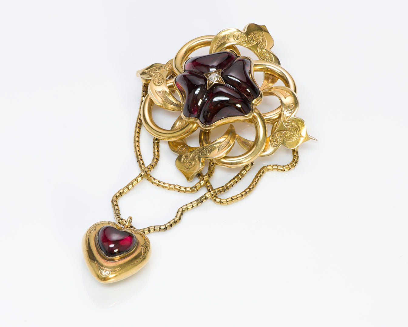 Antique Victorian Gold Fancy Garnet Diamond Brooch Heart Pendant