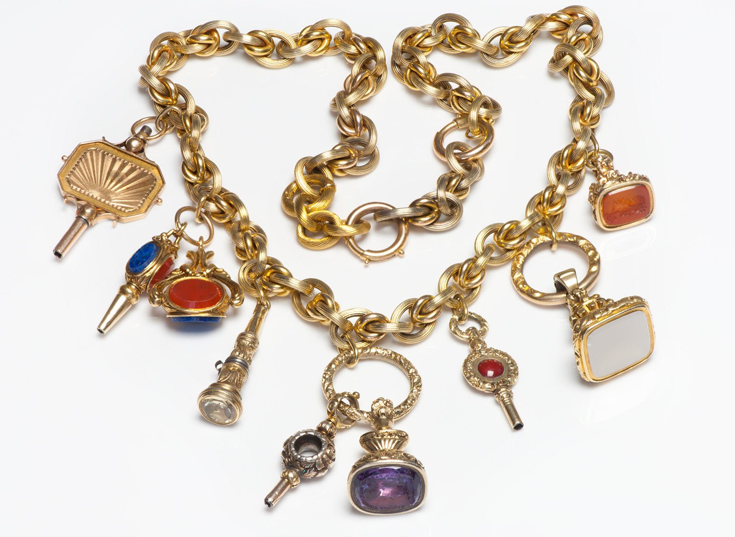 Antique Victorian Gold Necklace with Attached Fob Pendants
