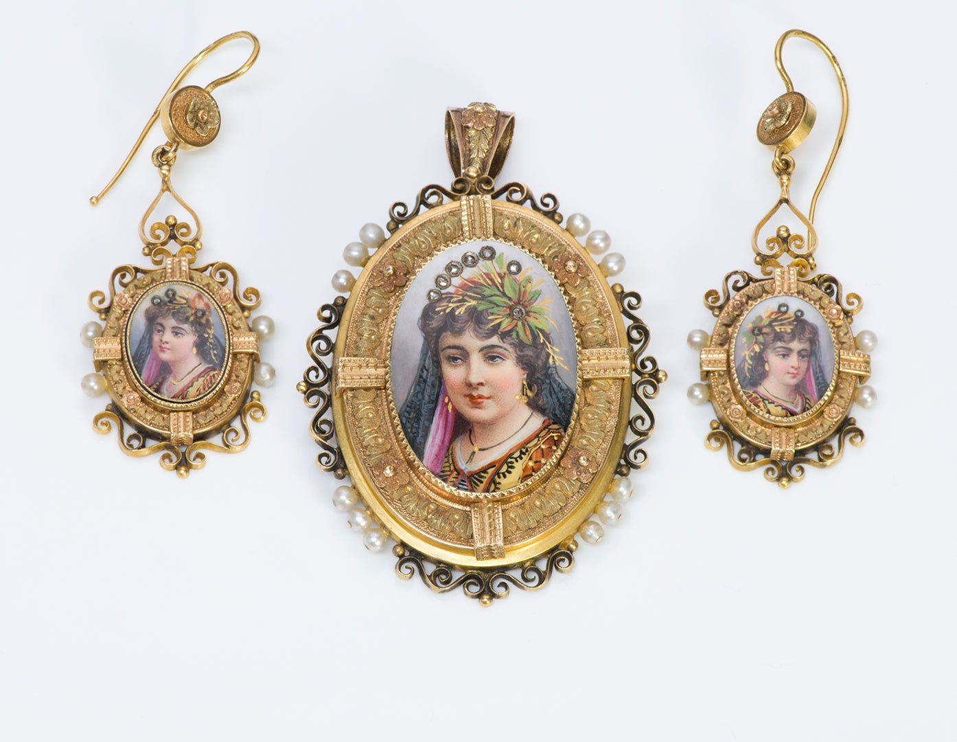 Antique Victorian Gold Pearl Diamond Portrait Enamel Suite Earrings Pendant