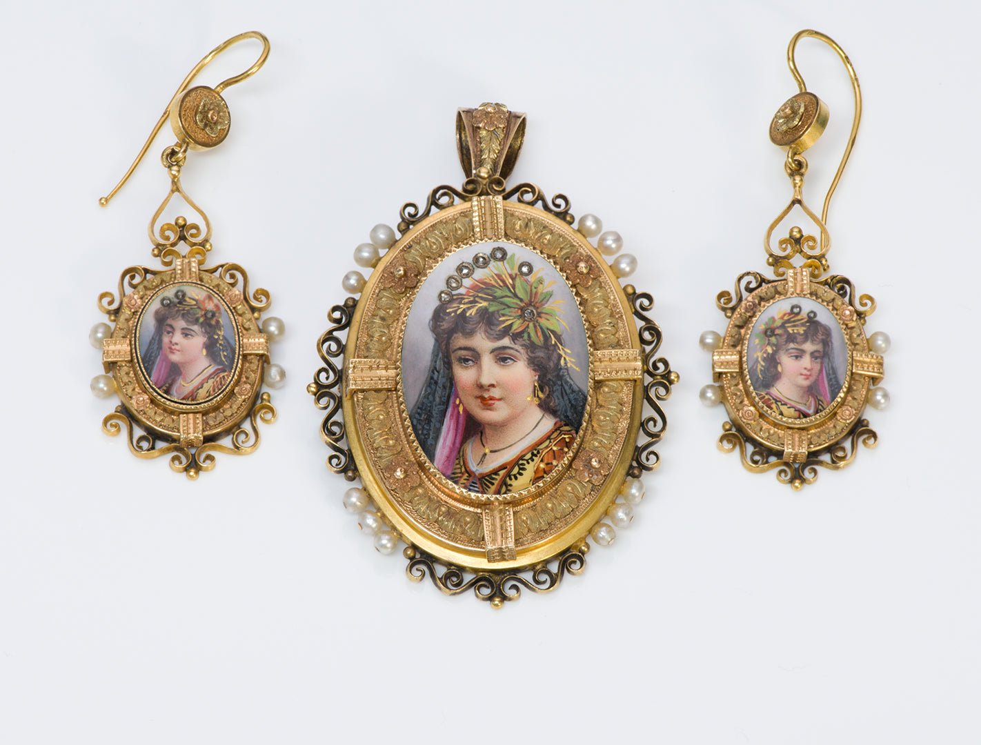 Antique Victorian Gold Pearl Diamond Portrait Enamel Suite Earrings Pendant