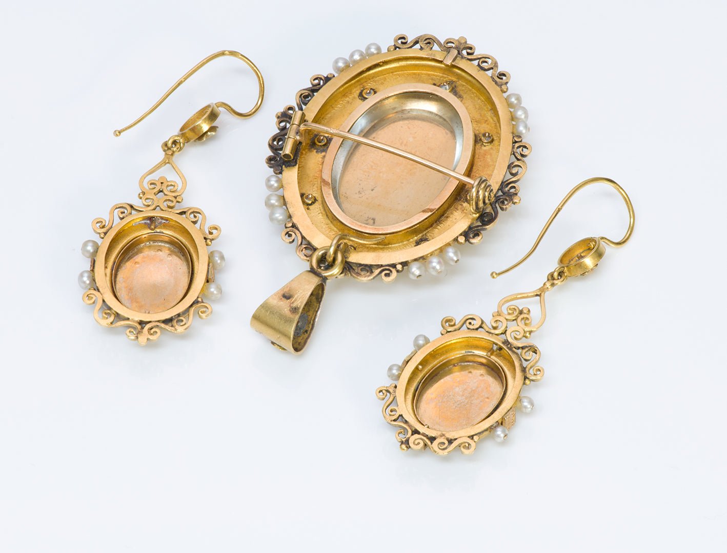 Antique Victorian Gold Pearl Diamond Portrait Enamel Suite Earrings Pendant