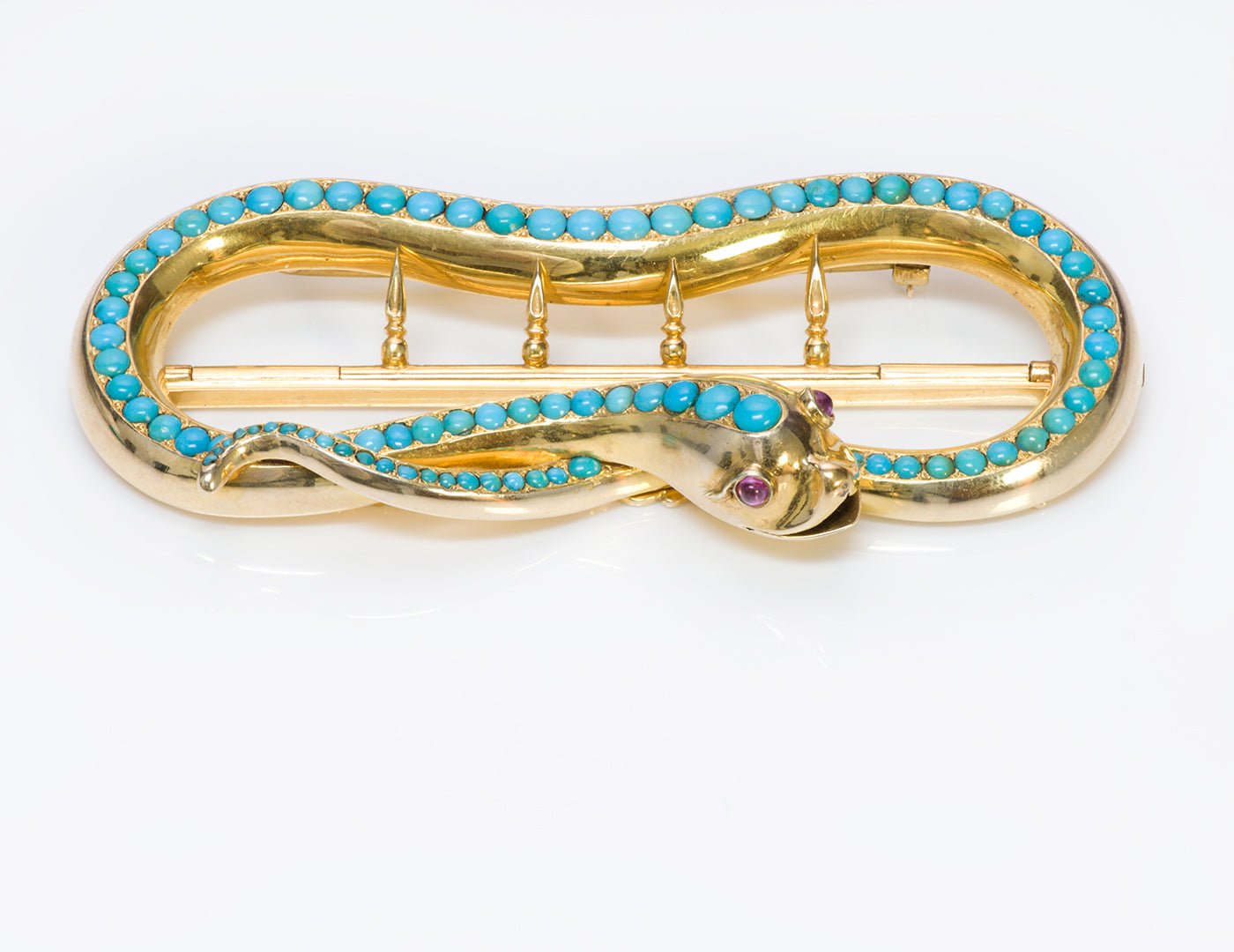 Antique Victorian Gold Snake Ruby Turquoise Buckle Pin
