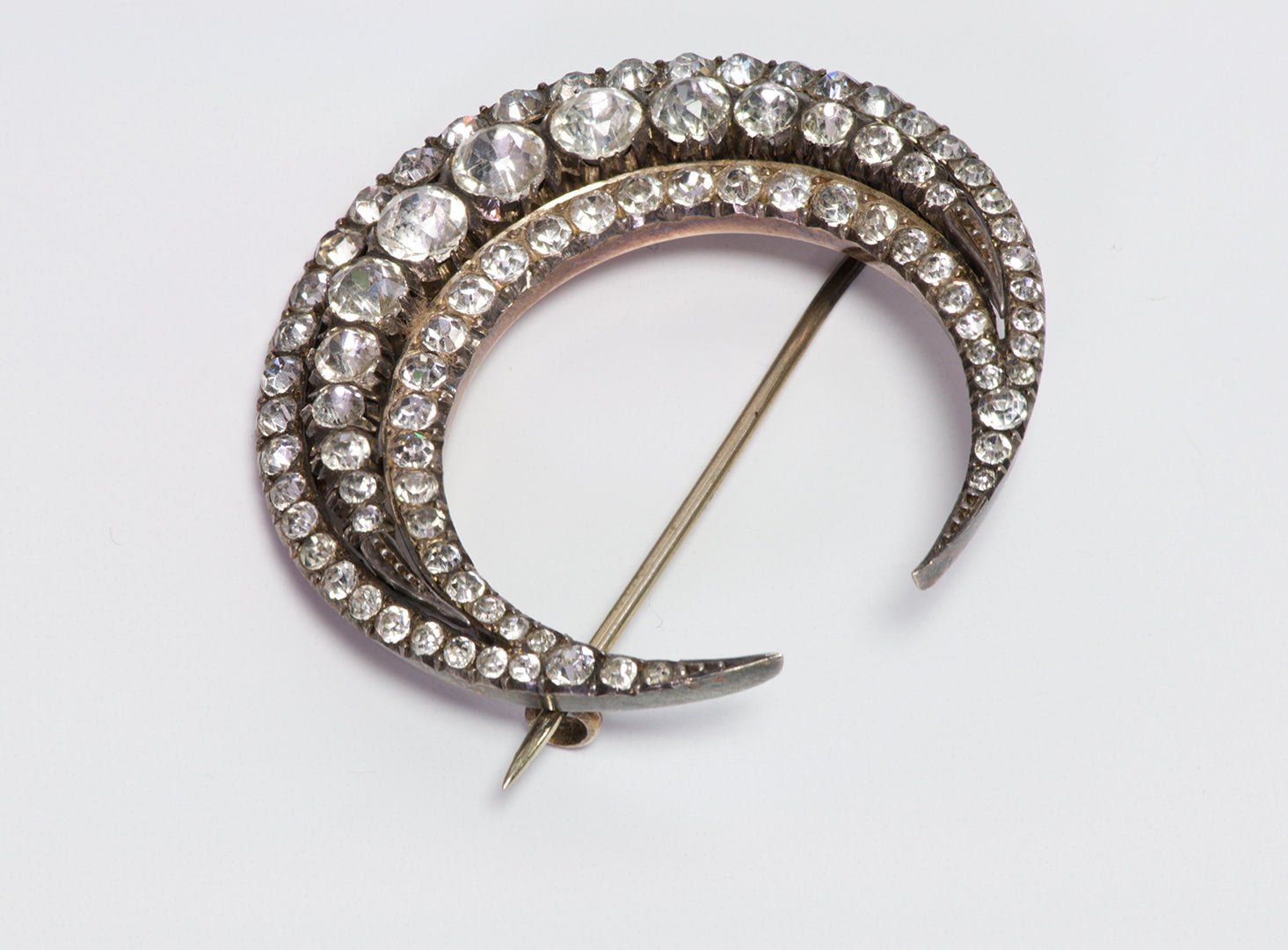 Antique Victorian Paste Silver Crescent Moon Brooch