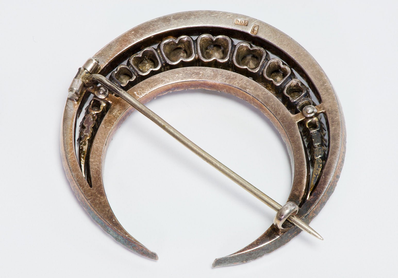 Antique Victorian Paste Silver Crescent Moon Brooch