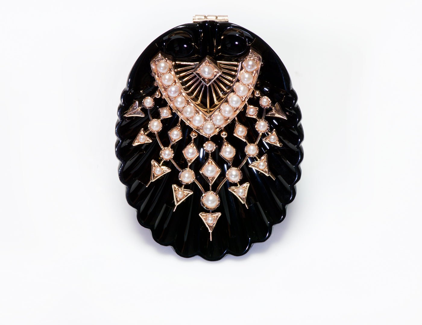 Antique Victorian Shell Onyx Seed Pearl Gold Pendant Brooch