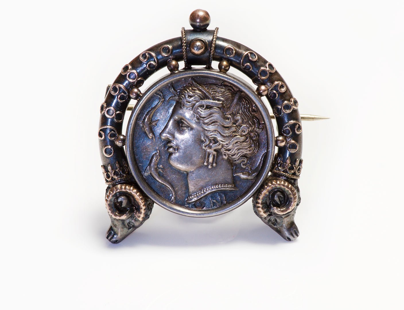 Antique Victorian Silver Gold Brooch Mounted with an Ancient Silver Roman Coin