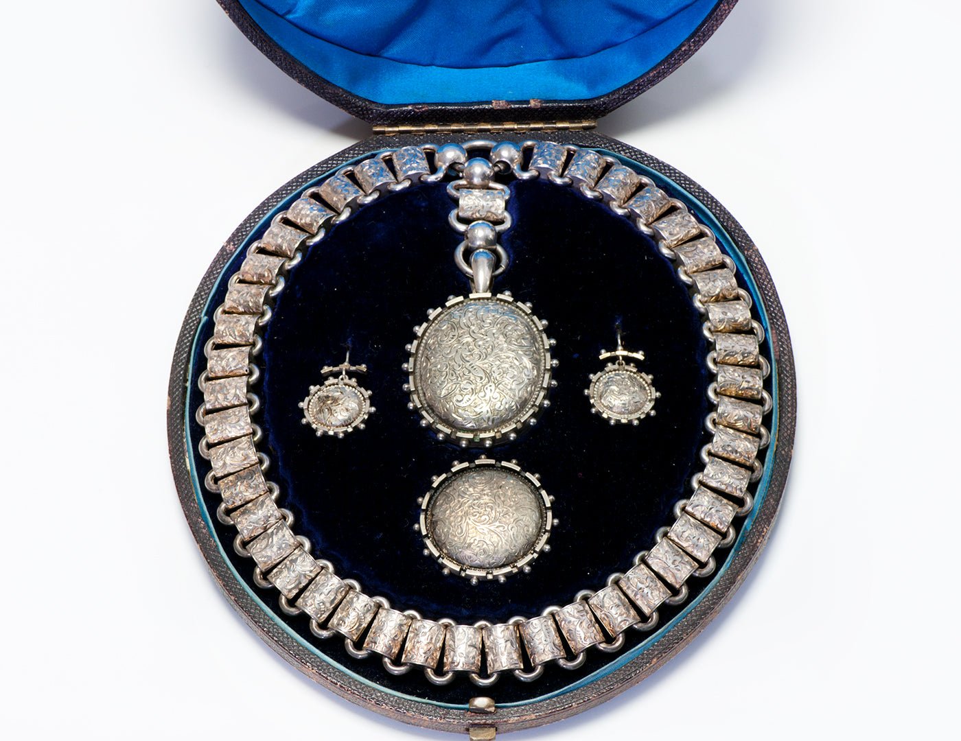Antique Victorian Silver Locket Necklace Earrings Brooch