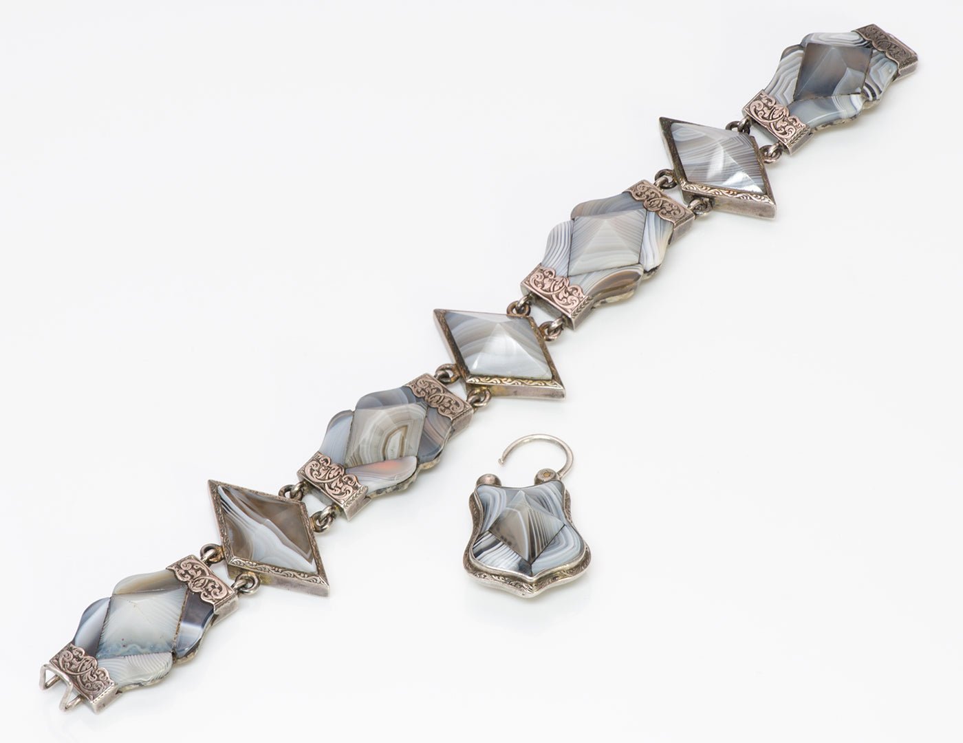 Antique Victorian Silver Scottish Agate Padlock Bracelet