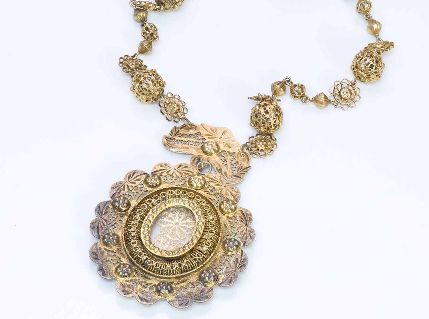Antique Victorian Spanish Colonial Silver Gilt Filigree Necklace Pendant