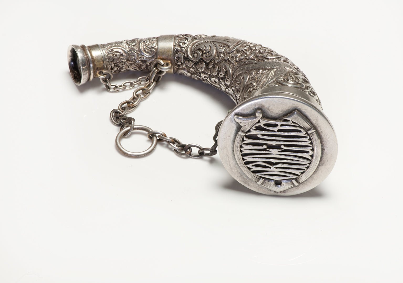 Antique Walter Thornhill Silver Horned Shaped Vinaigrette Perfume Bottle