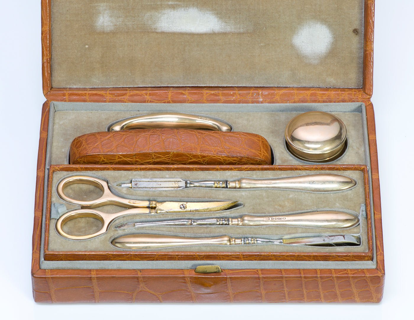Antique William Farmer & Co. Crocodile 10K Gold Vanity Travel Set