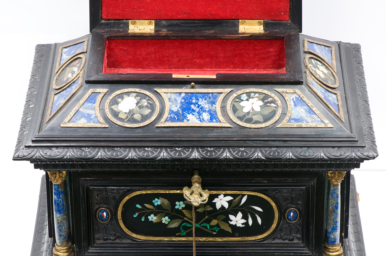 Antique Wooden Jewelry Chest Inlay Lapis Pietra Dura Panels