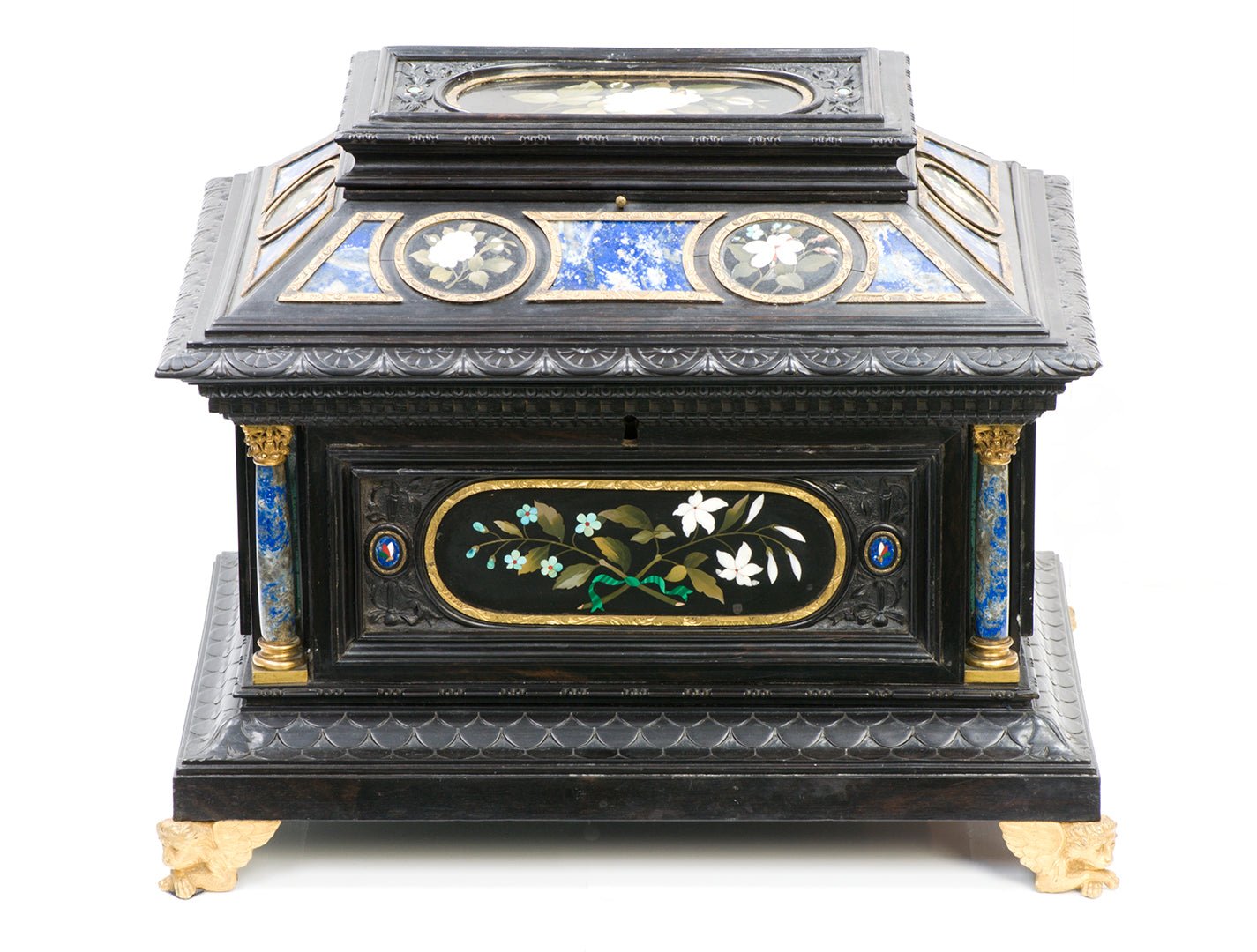Antique Wooden Jewelry Chest Inlay Lapis Pietra Dura Panels