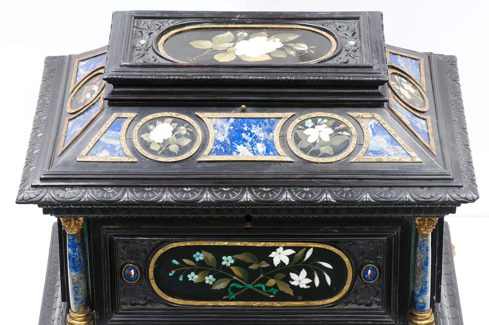 Antique Wooden Jewelry Chest Inlay Lapis Pietra Dura Panels