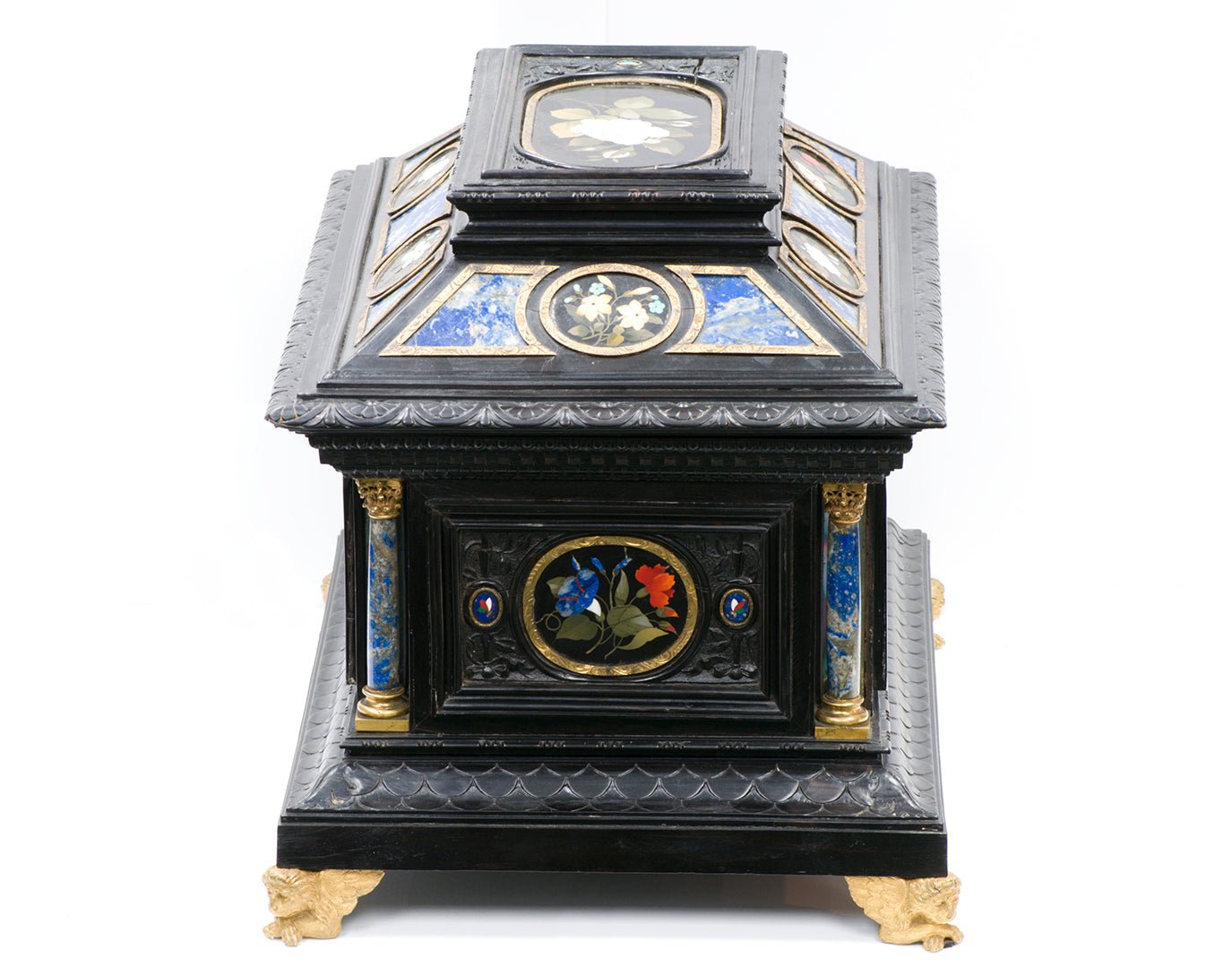 Antique Wooden Jewelry Chest Inlay Lapis Pietra Dura Panels
