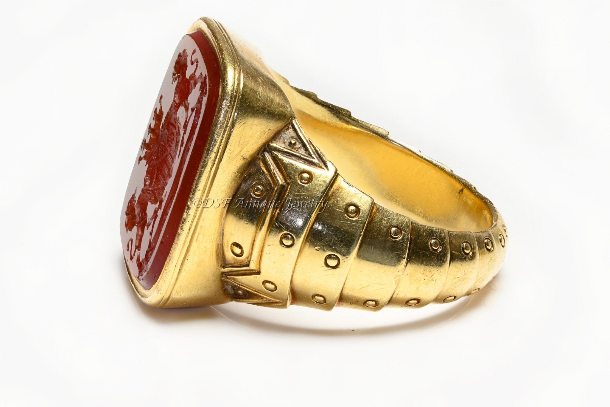 Antique Yellow 18K Gold Carnelian Crest Men's Ring
