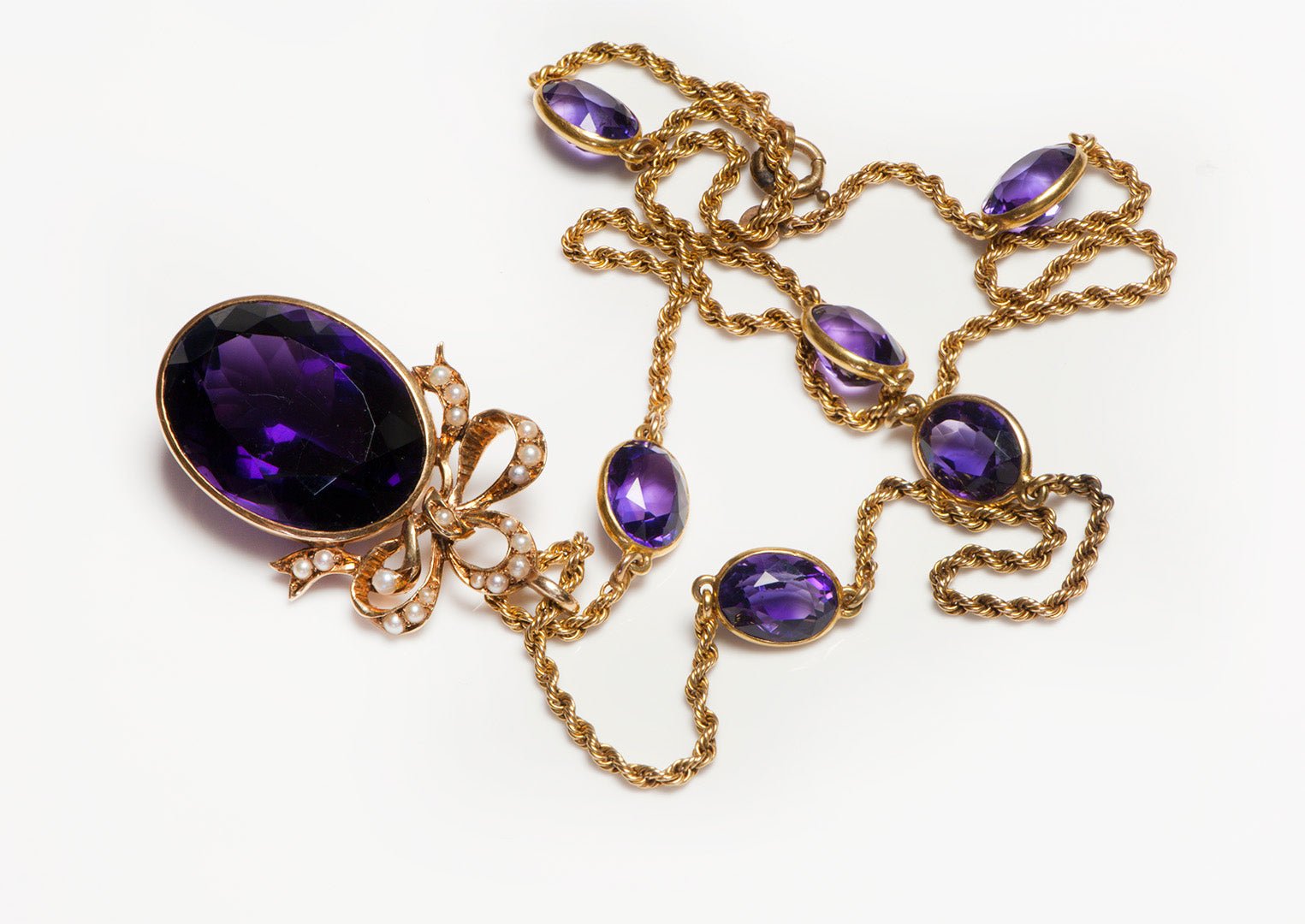 Antique Yellow Gold Amethyst Pearl Necklace