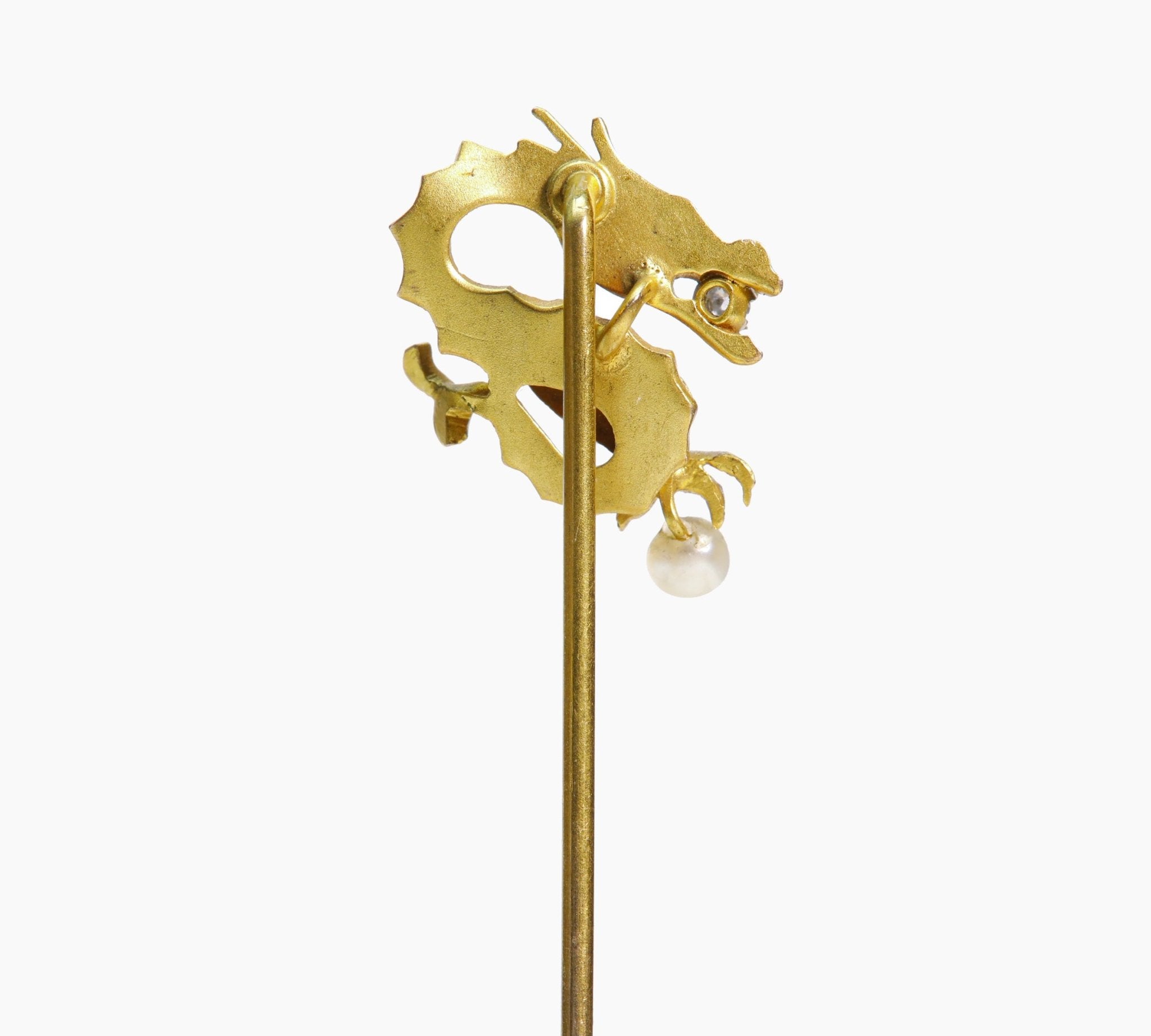 Antique Yellow Gold Diamond Pearl Griffin Stick Pin