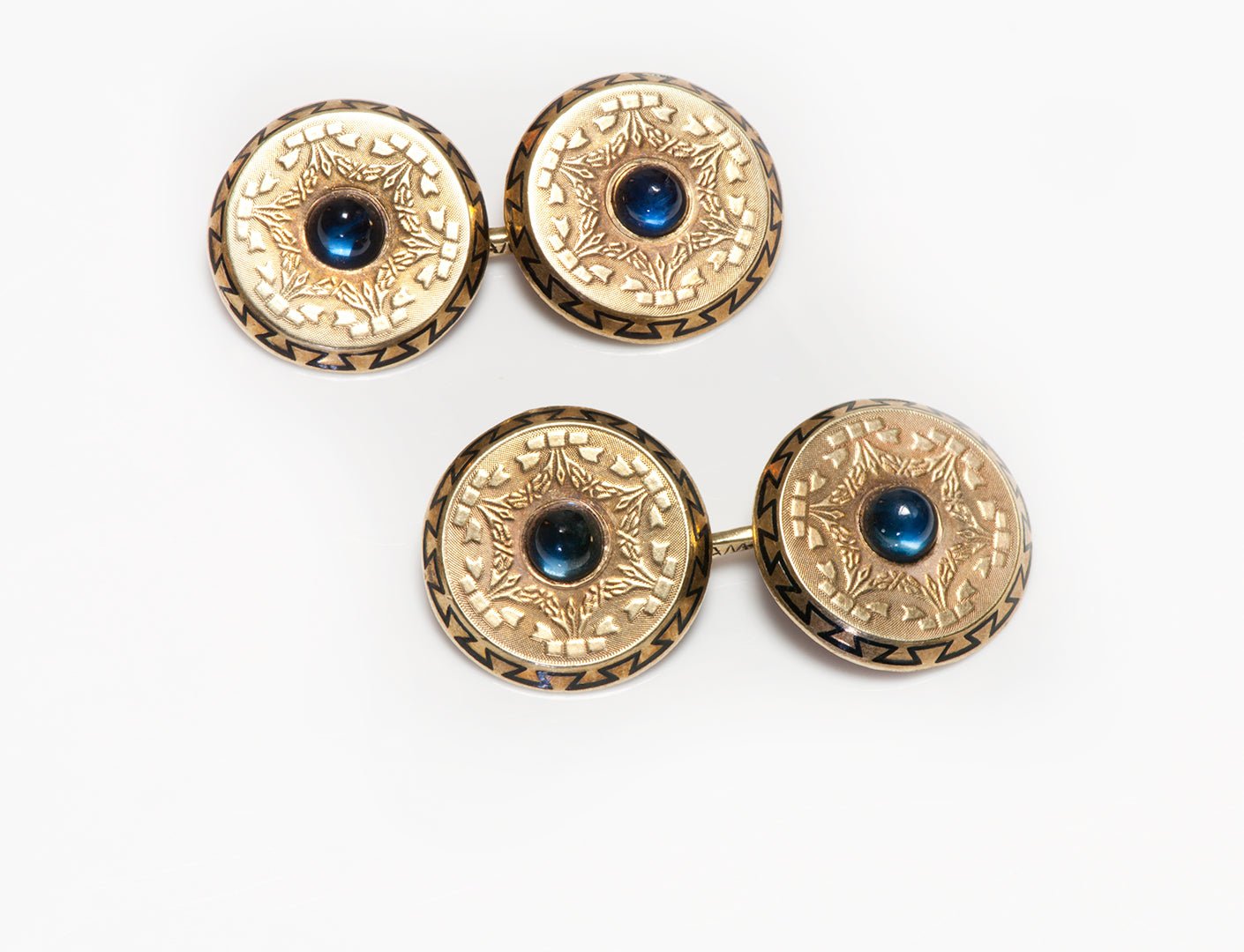 Antique Yellow Gold Enamel Cabochon Sapphire Cufflinks
