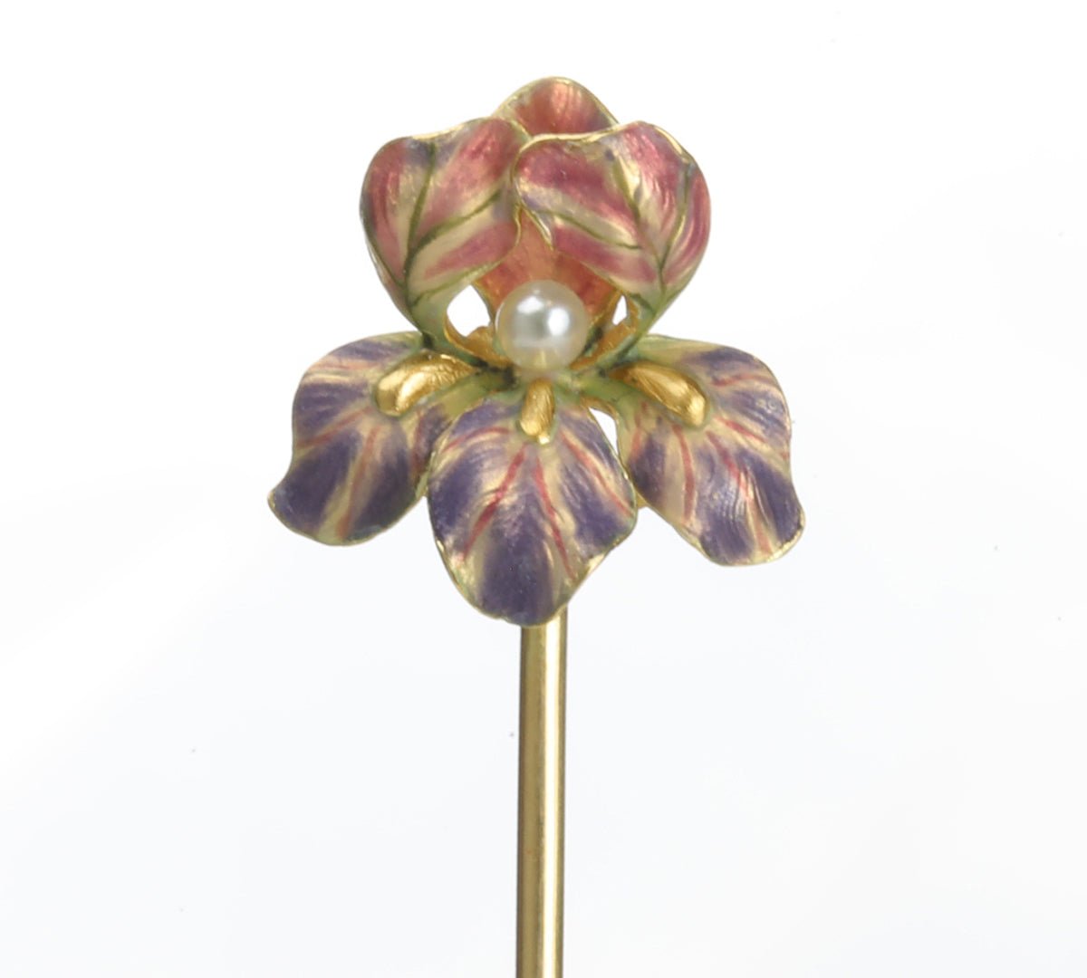 Antique Yellow Gold Enamel Pearl Orchid Stick Pin