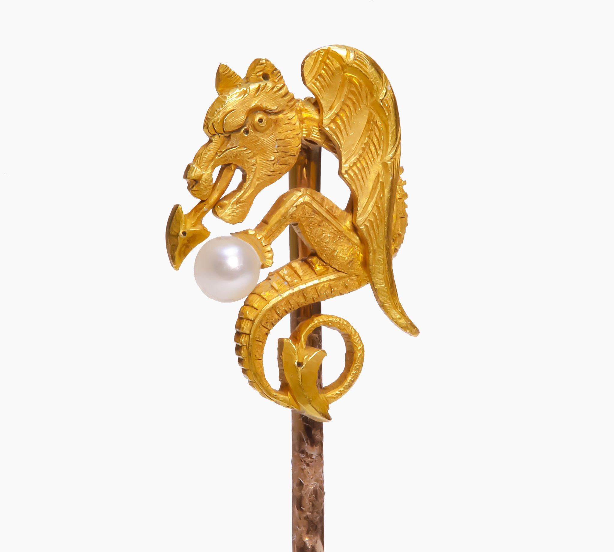 Antique Yellow Gold Pearl Griffin Stick Pin