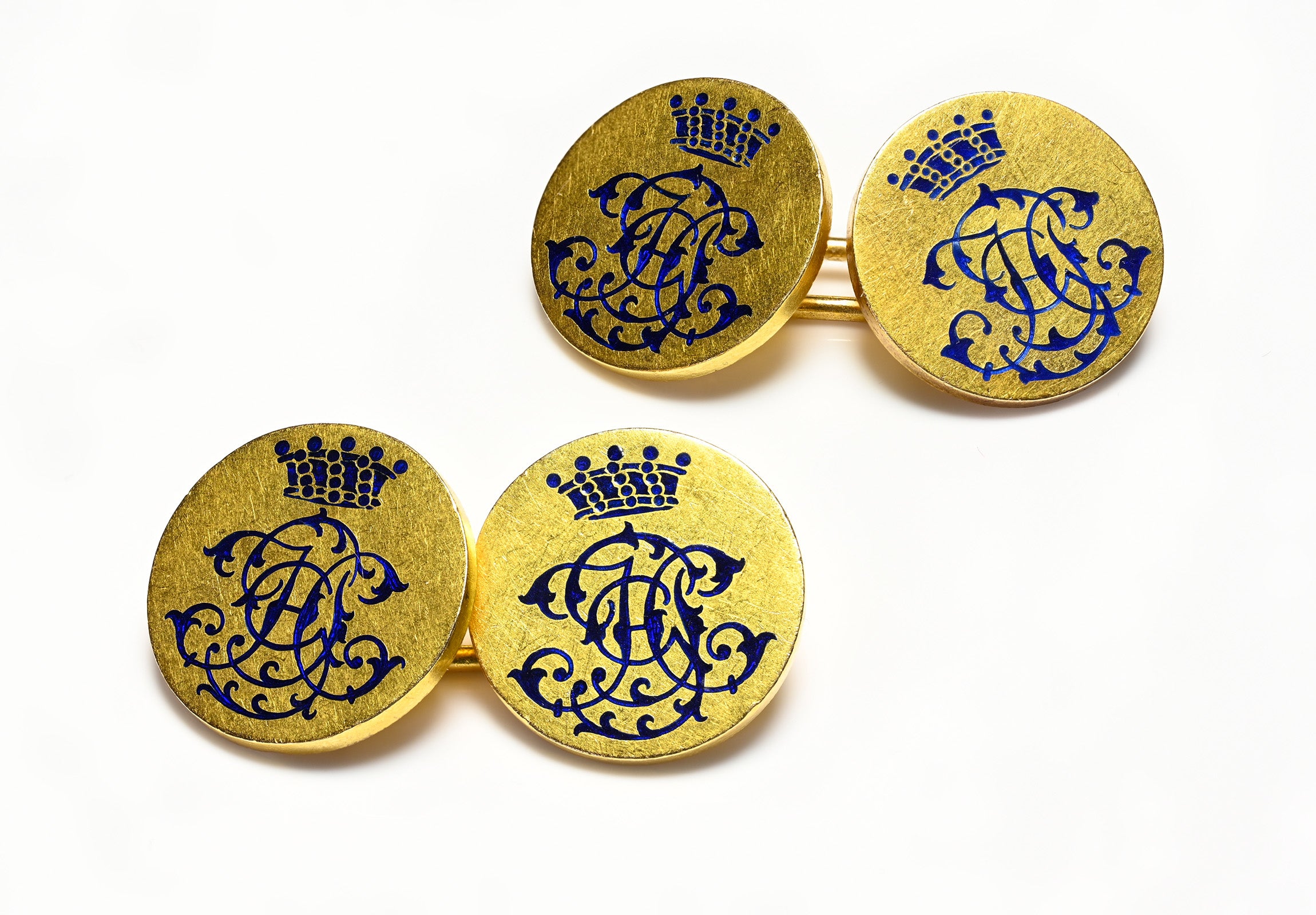 Antique 18K Gold Blue Enameled Royal Crest Cufflinks