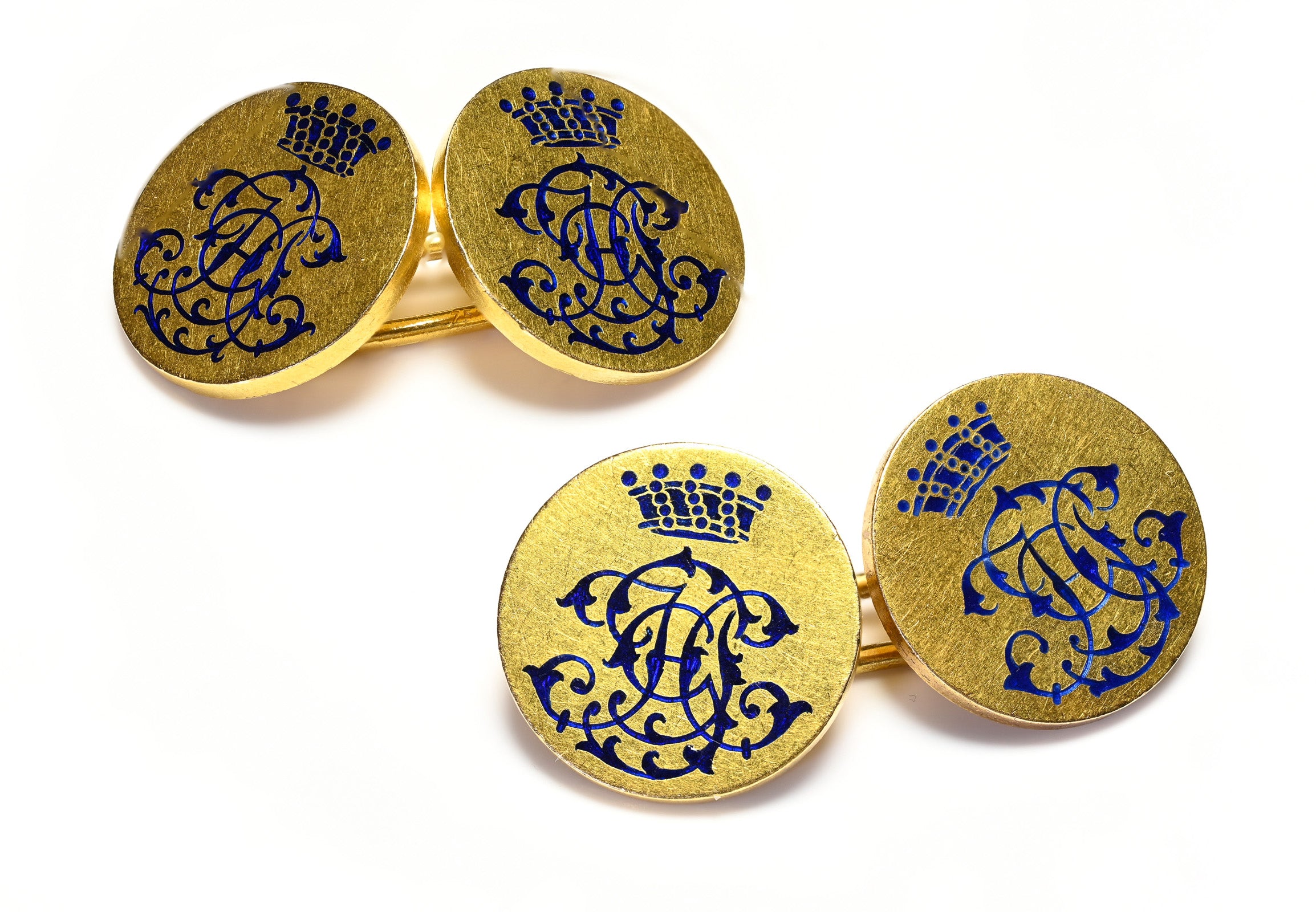 Antique 18K Gold Blue Enameled Royal Crest Cufflinks