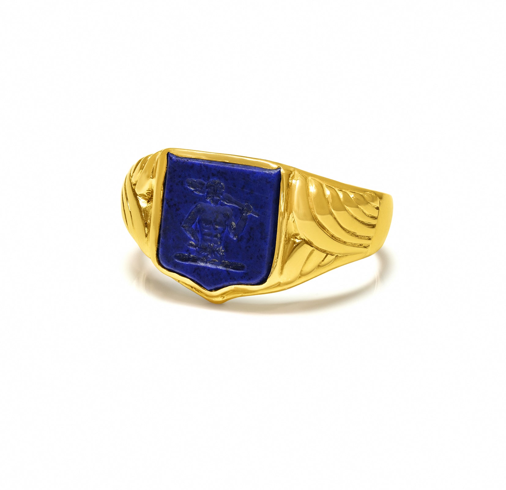 Antique 18K Gold Signet Ring Lapis Intaglio of Hercules