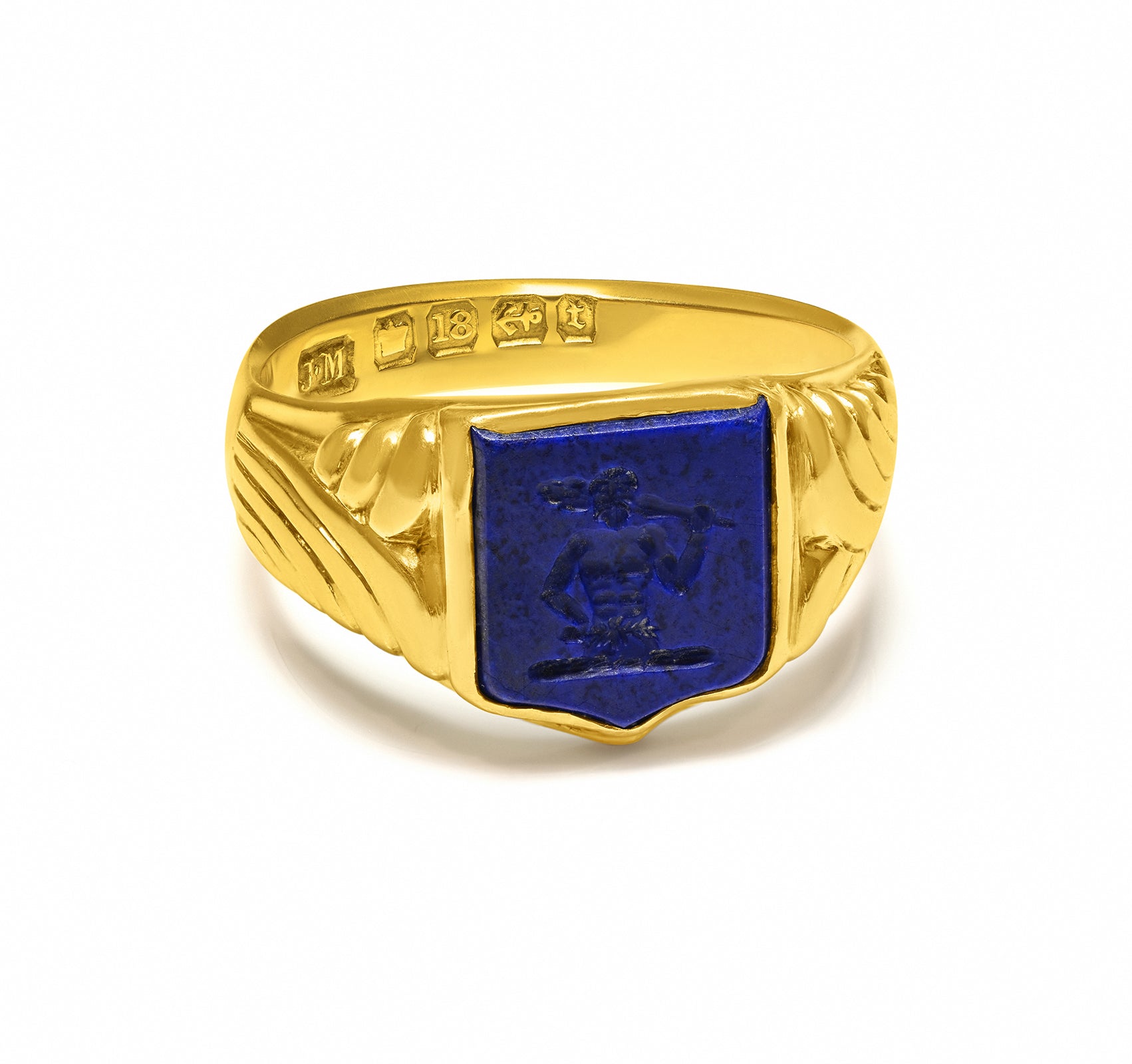 Victorian 18K Gold Signet Crest Ring Lapis Intaglio Hercules
