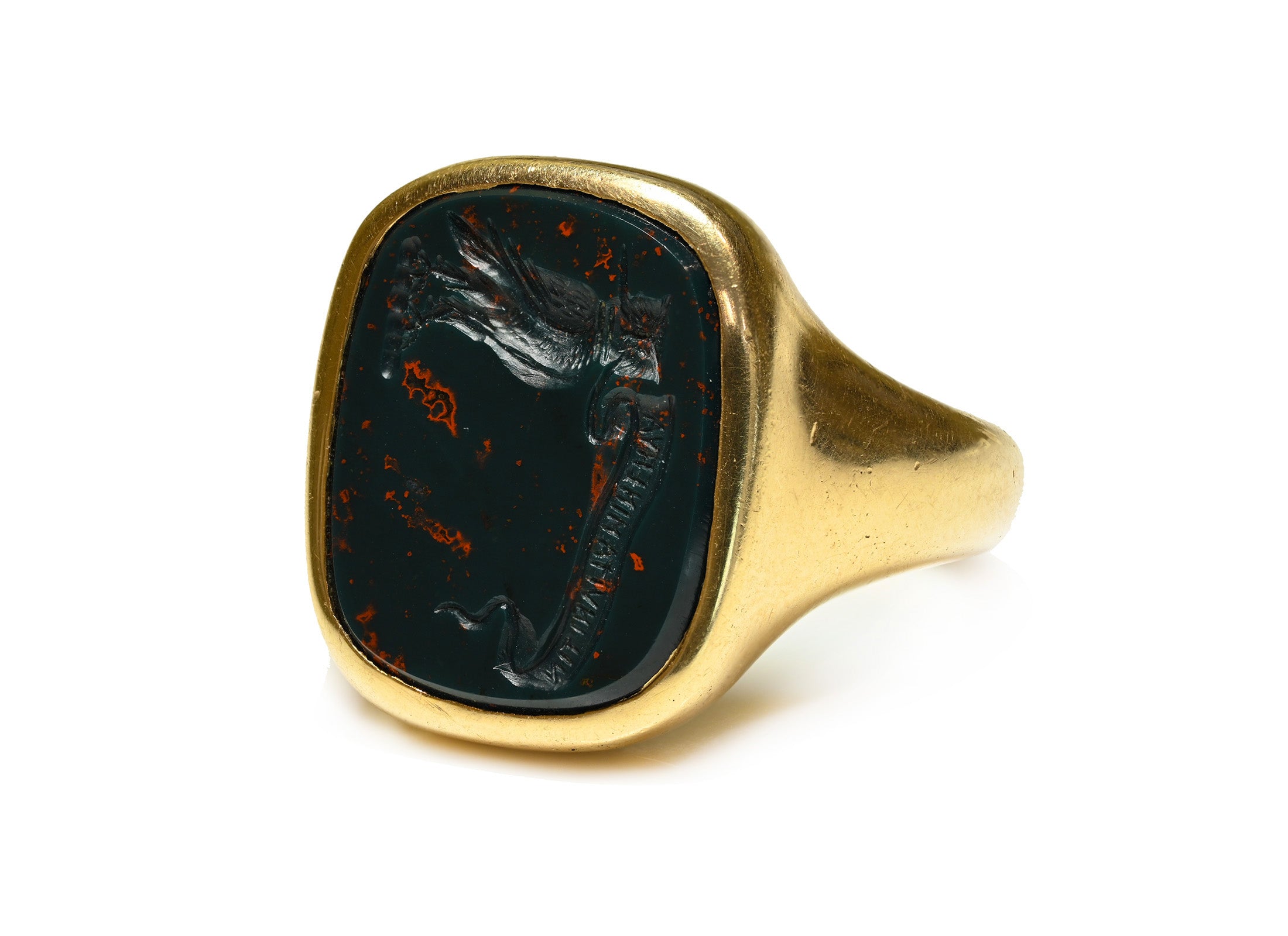 Antique Gold Bloodstone Intaglio Signet Ring, “Non Invita Minerva”