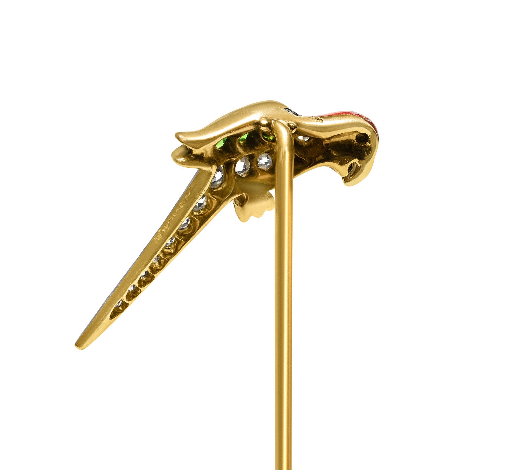 Antique Parrot Stick Pin with Diamonds, Demantoid Garnets and Enamel