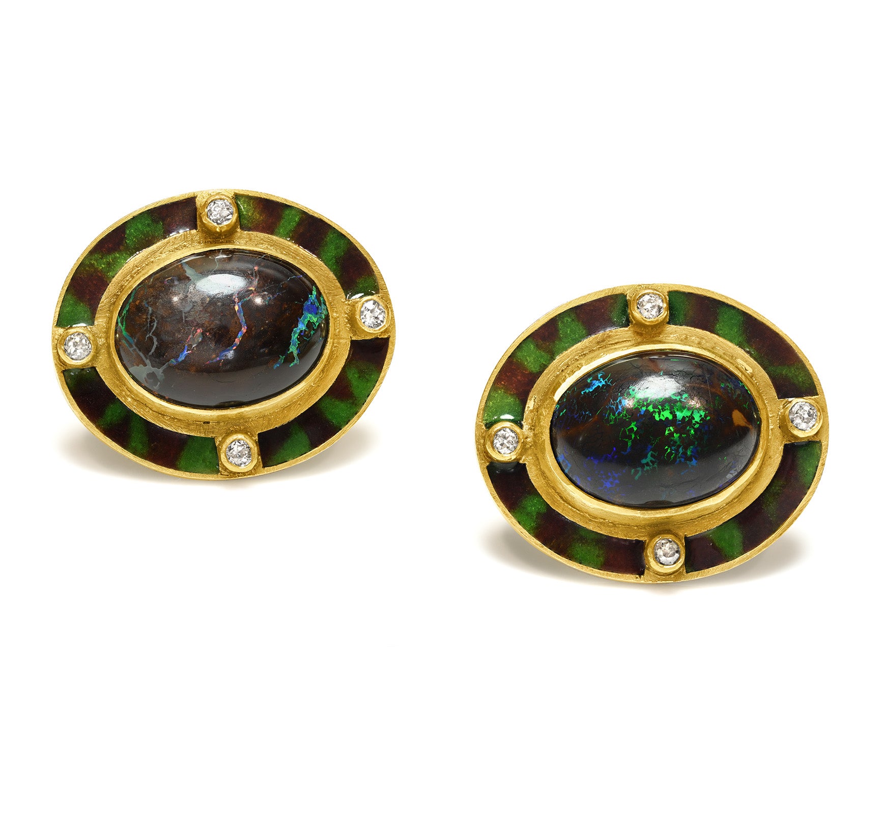 Antique Gold Boulder Opal Enamel Diamond Cufflinks