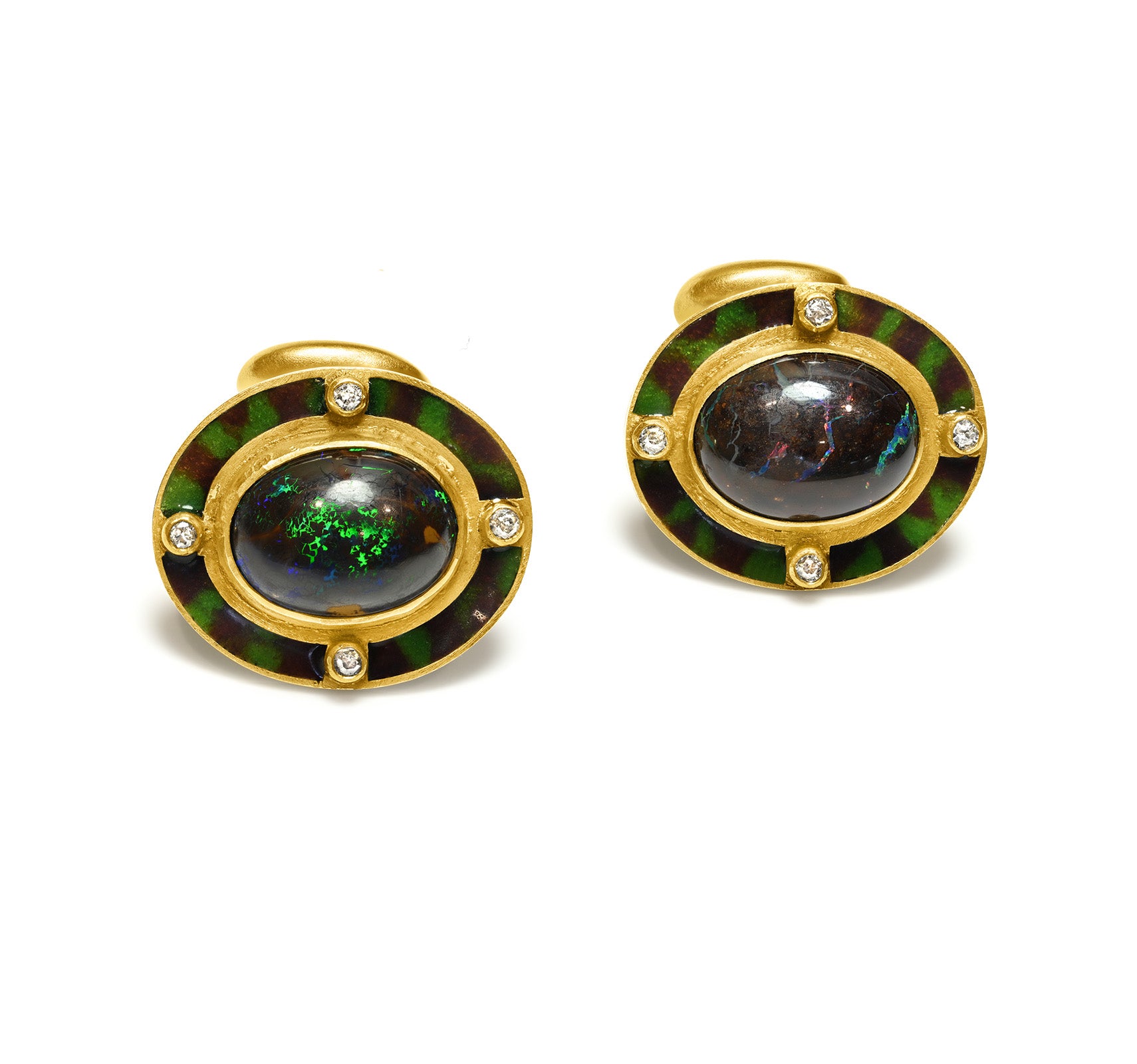 Antique Gold Boulder Opal Enamel Diamond Cufflinks