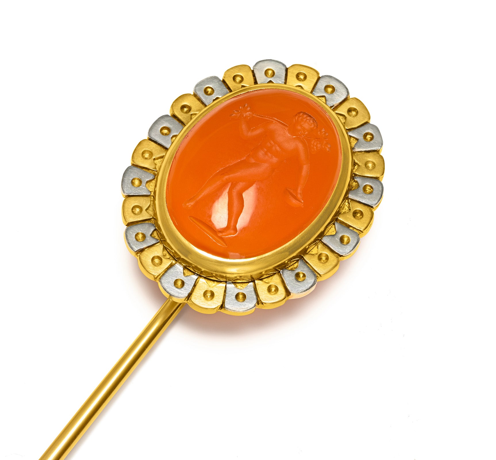 Antique Carnelian Intaglio Gold Stick Pin, Two-Tone Design