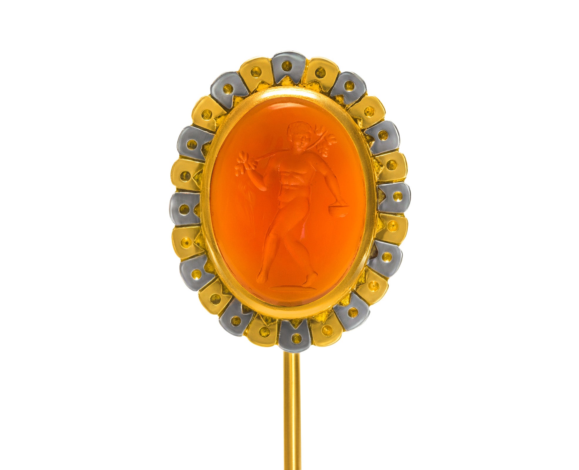 Antique Carnelian Intaglio Gold Stick Pin, Two-Tone Design