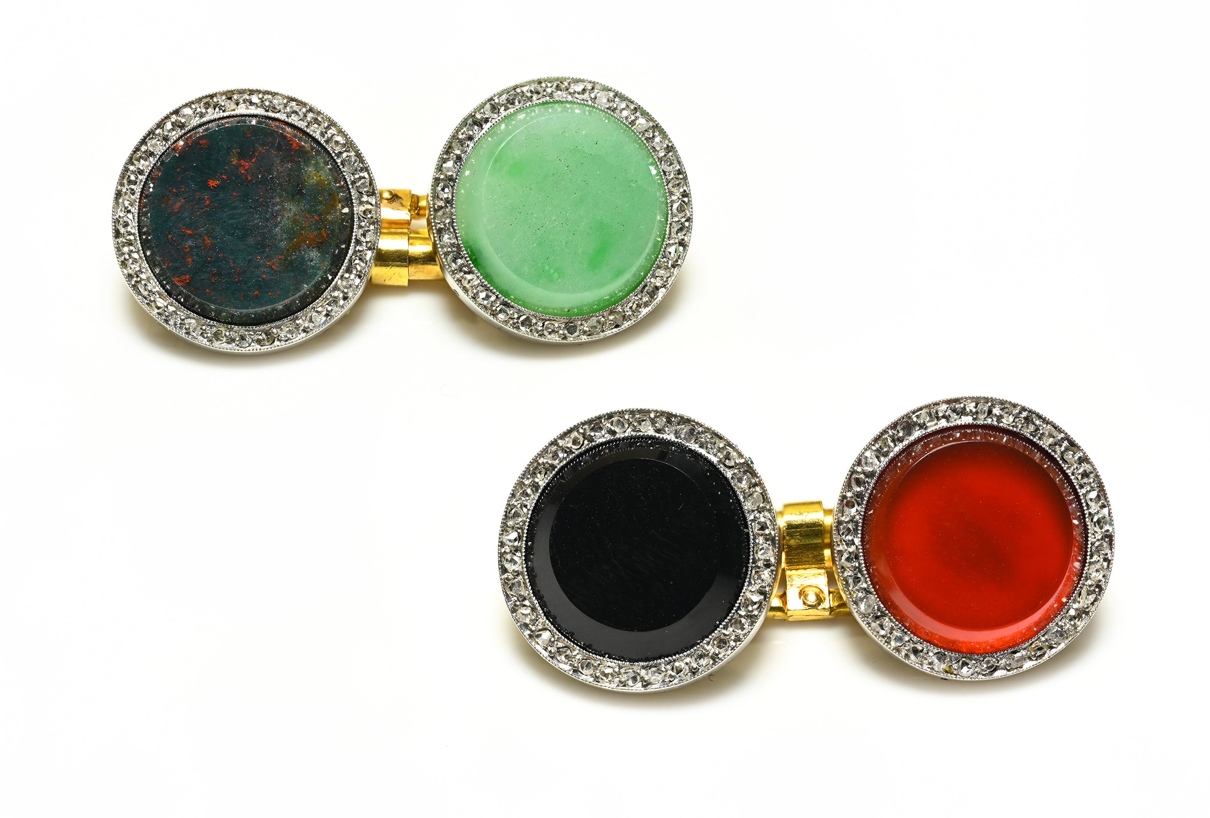 Edwardian Cufflinks with Diamond, Bloodstone, Carnelian, Onyx & Agate Gold Platinum