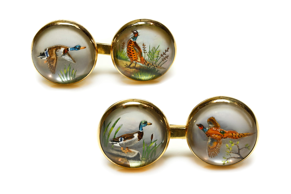 Antique 18K Yellow Gold Reverse Crystal Duck and Pheasant Cufflinks