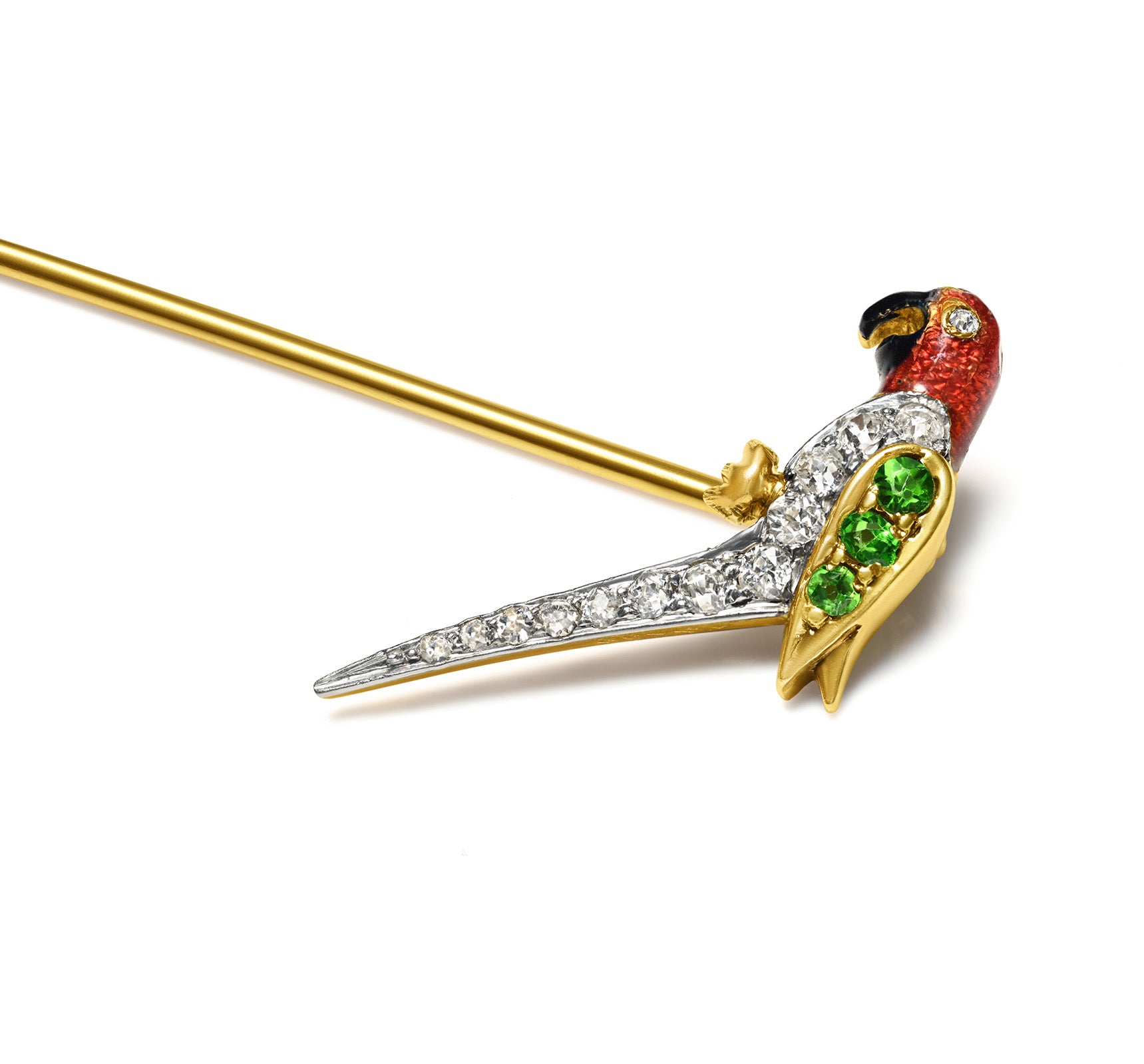 Antique Parrot Stick Pin with Diamonds, Demantoid Garnets and Enamel
